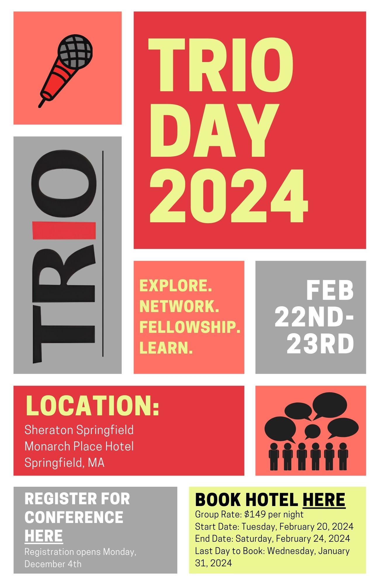 A red and grey square with black text detailing that TRIO Day 2024 registration is open. There's a link to the registration page and another link to the hotel bookings page. TRIO Day is on February 22 - 23 in Springfield, MA.
